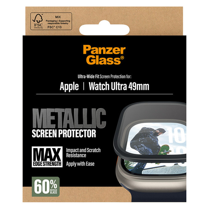 Kaljeno steklo UWF METALLIC za Apple Watch Ultra 49 mm, Črna, PanzerGlass
