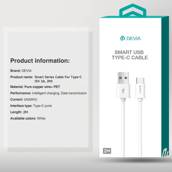 USB / USB-C kabel Smart, 2.1A, 2m, bel, Devia
