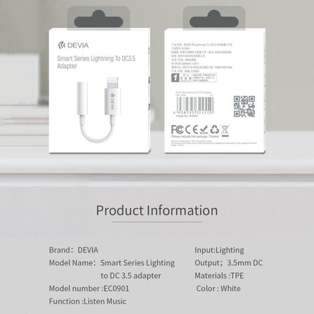 Adapter Smart 3,5mm Jack / Lightning, bel, Devia