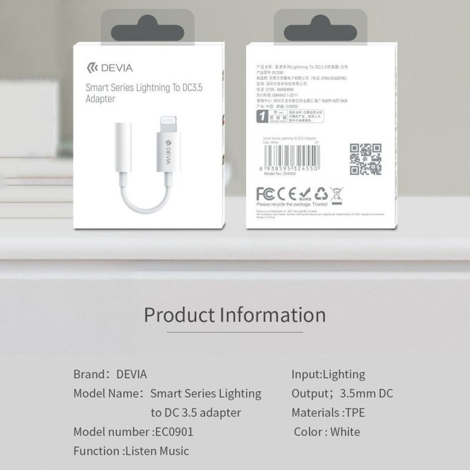 Adapter Smart 3,5mm Jack / Lightning, bel, Devia