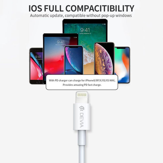 Lightning / USB-C kabel Smart, PD 20W, 1m, bel, Devia