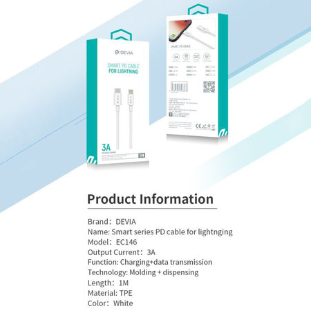 Lightning / USB-C kabel Smart, PD 20W, 1m, bel, Devia