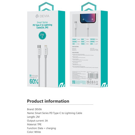 Lightning / USB-C kabel Smart, PD 27W, 2m, bel, Devia
