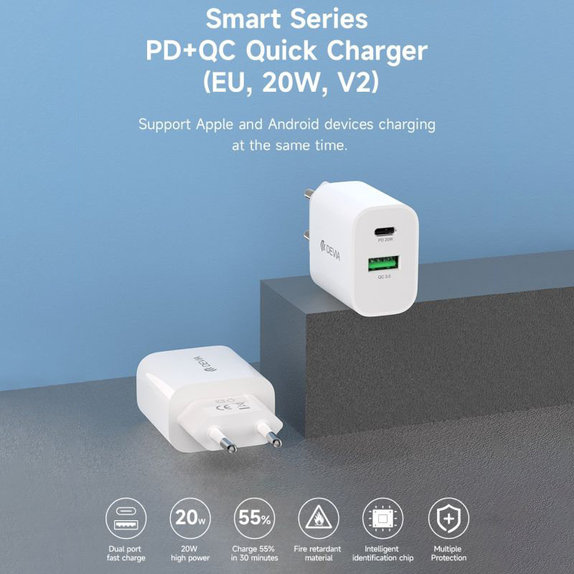 Polnilni adapter Smart USB-C + USB-A, PD 20W, bel, Devia