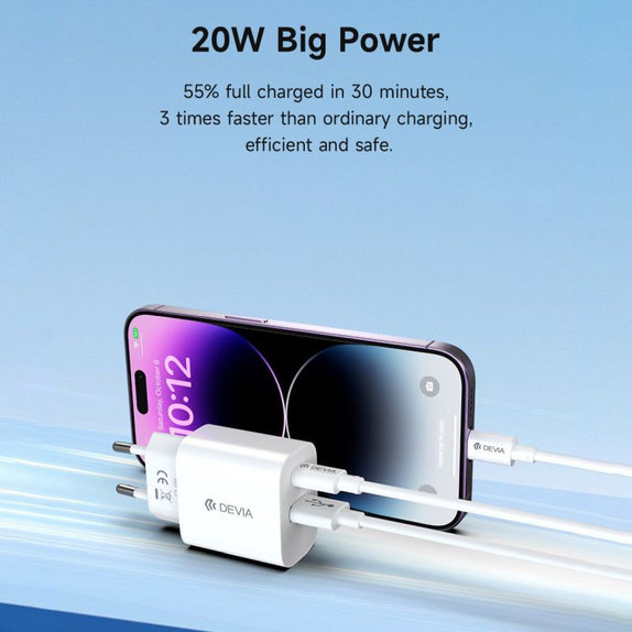 Polnilni adapter Smart USB-C + USB-A, PD 20W, bel, Devia