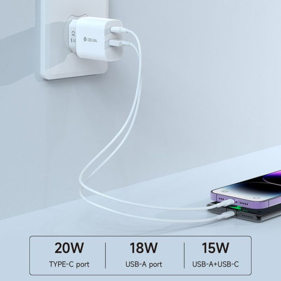 Polnilni adapter Smart USB-C + USB-A, PD 20W, bel, Devia