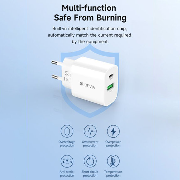 Polnilni adapter Smart USB-C + USB-A, PD 20W, bel, Devia