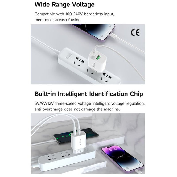 Polnilni adapter Smart USB-C + USB-A, PD 20W, bel, Devia
