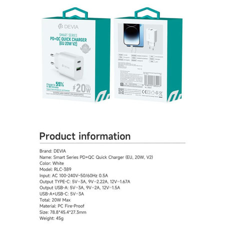 Polnilni adapter Smart USB-C + USB-A, PD 20W, bel, Devia