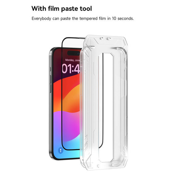 Kaljeno steklo FullCover z aplikatorjem za iPhone 15 Pro, Devia