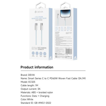USB-C / USB-C kabel Smart, PD 60W, 1m, bel, Devia