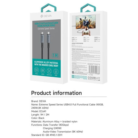 USB-C / USB-C kabel Extreme Speed, 240W, 8K 60Hz, 1m, črn, Devia