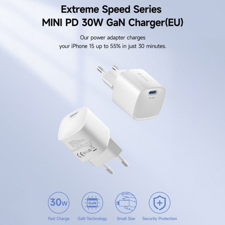 Polnilni adapter Mini USB-C, PD 30W, bel, Devia