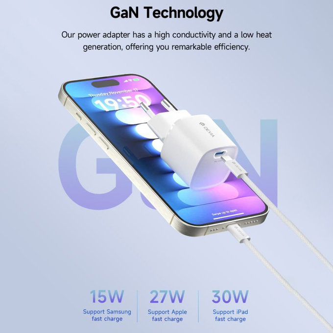 Polnilni adapter Mini USB-C, PD 30W, bel, Devia