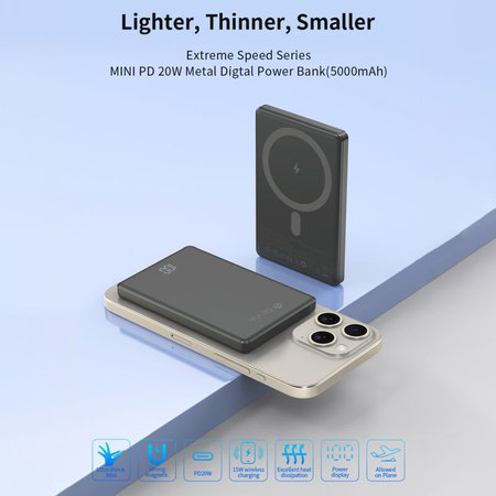 MagSafe PowerBank Extreme Speed Mini z zaslonom, PD 20W, 5000mAh, Space Grey, Devia