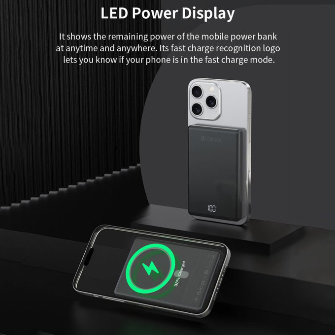 MagSafe PowerBank Extreme Speed Mini z zaslonom, PD 20W, 5000mAh, Space Grey, Devia