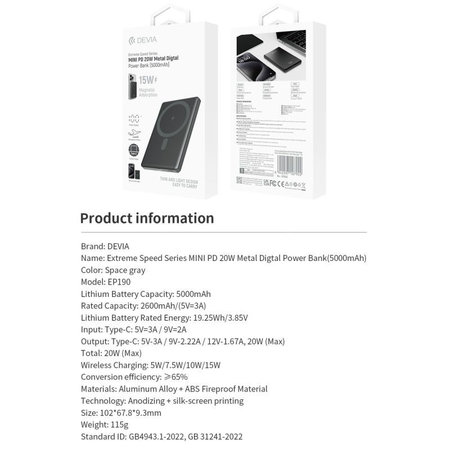 MagSafe PowerBank Extreme Speed Mini z zaslonom, PD 20W, 5000mAh, Space Grey, Devia