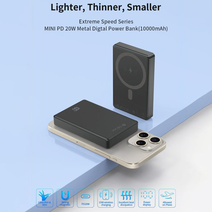 MagSafe PowerBank Extreme Speed Mini z zaslonom, PD 20W, 10000mAh, Space Grey, Devia