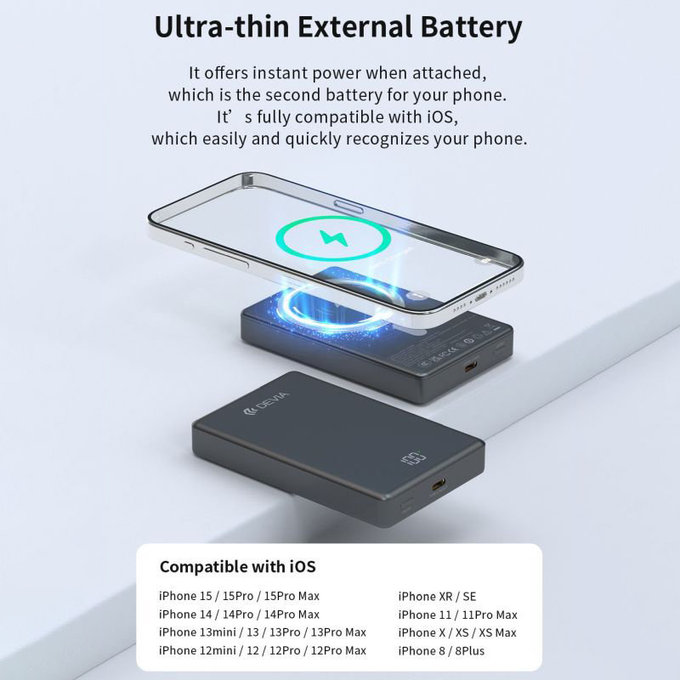 MagSafe PowerBank Extreme Speed Mini z zaslonom, PD 20W, 10000mAh, Space Grey, Devia