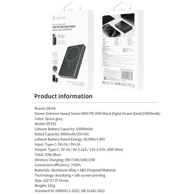 MagSafe PowerBank Extreme Speed Mini z zaslonom, PD 20W, 10000mAh, Space Grey, Devia