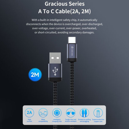 USB / USB-C kabel Gracious, 2.1A, 2m, črn, Devia