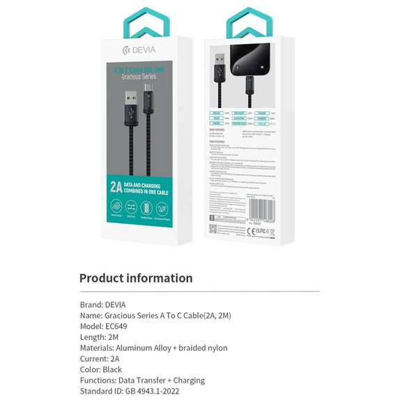 USB / USB-C kabel Gracious, 2.1A, 2m, črn, Devia