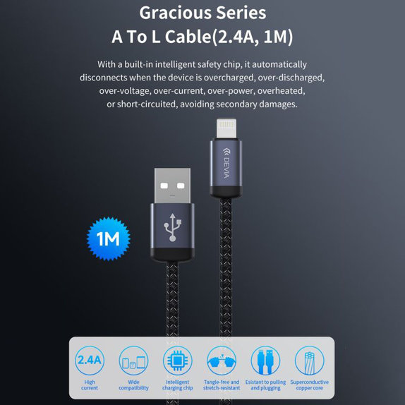 Lightning / USB kabel Gracious, 2,4A, 1m, črn, Devia