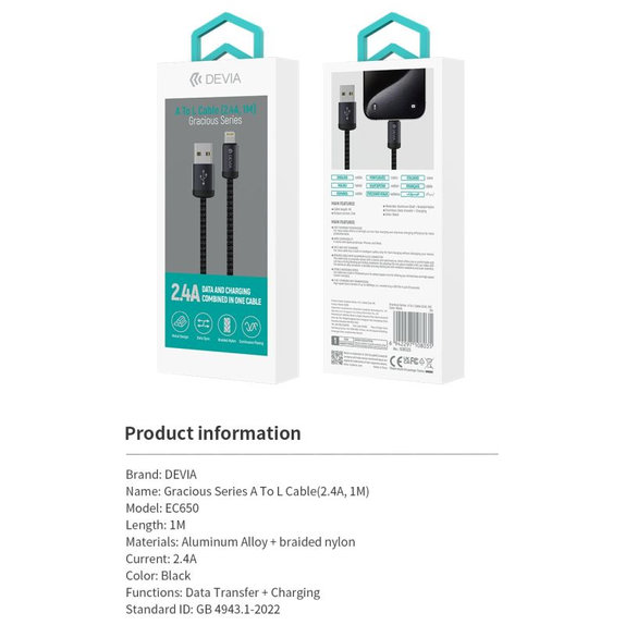 Lightning / USB kabel Gracious, 2,4A, 1m, črn, Devia