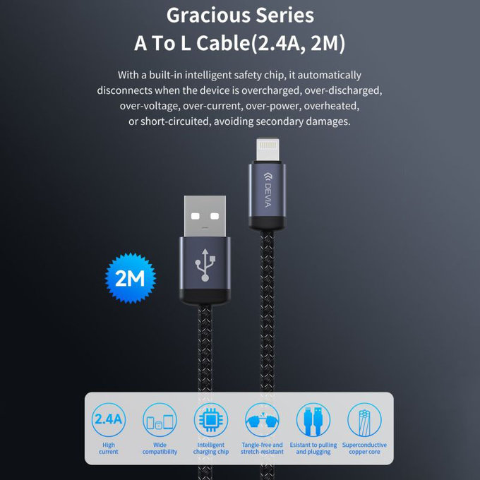 Lightning / USB kabel Gracious, 2,4A, 2m, črn, Devia