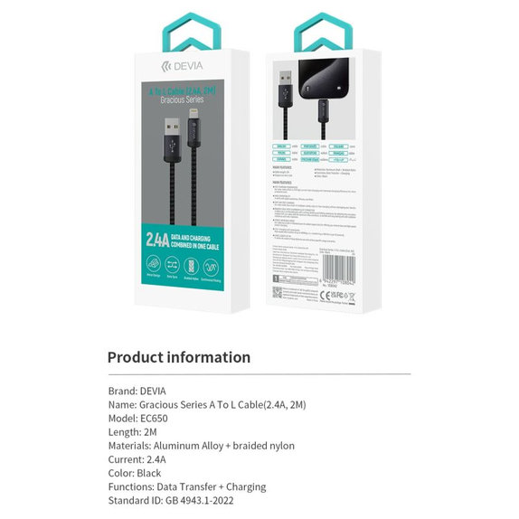 Lightning / USB kabel Gracious, 2,4A, 2m, črn, Devia