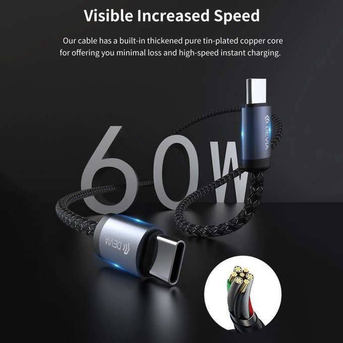 USB-C / USB-C kabel Gracious, PD 60W, 2m, črn, Devia