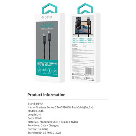 USB-C / USB-C kabel Gracious, PD 60W, 2m, črn, Devia