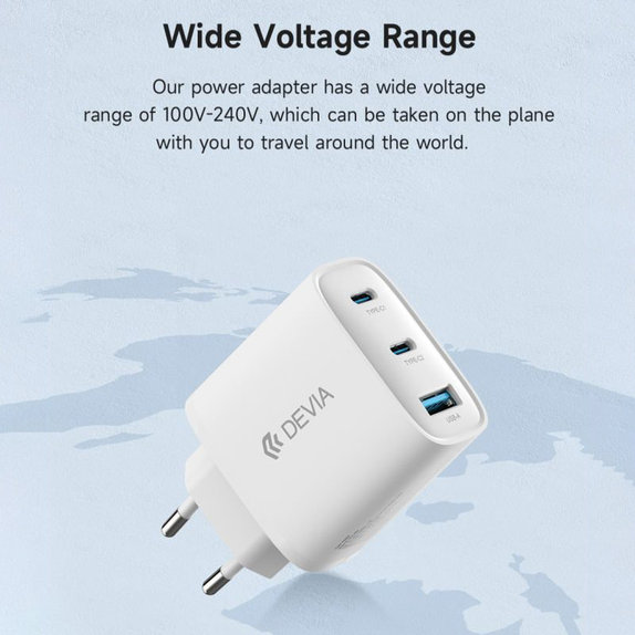 Polnilni adapter Extreme Speed, 2x USB-C + USB-A, PD 65W, bel, Devia