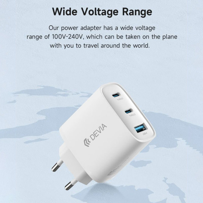 Polnilni adapter Extreme Speed, 2x USB-C + USB-A, PD 65W, bel, Devia