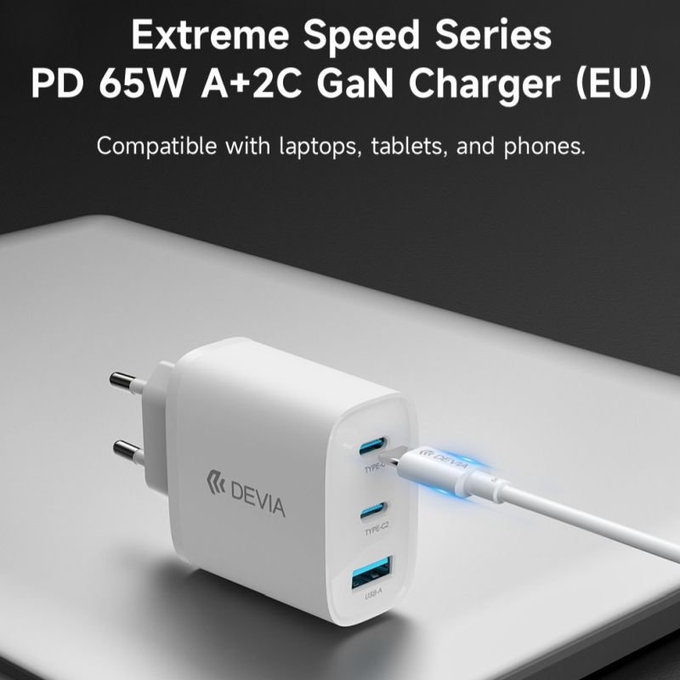 Polnilni adapter Extreme Speed, 2x USB-C + USB-A, PD 65W, bel, Devia