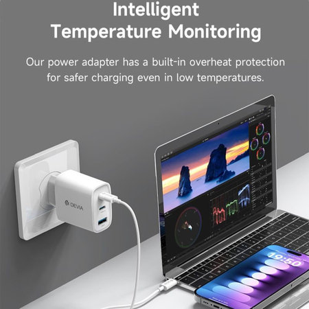 Polnilni adapter Extreme Speed, 2x USB-C + USB-A, PD 65W, bel, Devia