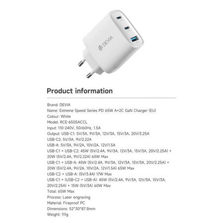 Polnilni adapter Extreme Speed, 2x USB-C + USB-A, PD 65W, bel, Devia