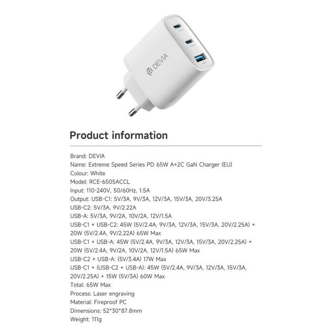 Polnilni adapter Extreme Speed, 2x USB-C + USB-A, PD 65W, bel, Devia