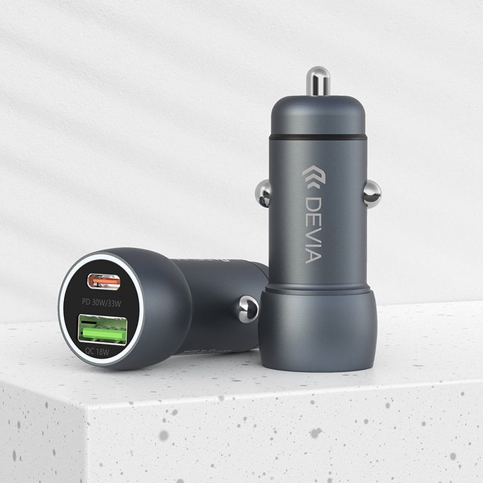 Avtopolnilec Extreme Speed USB-C + USB-A, PD 30W, QC 3.0 18W, siv, Devia