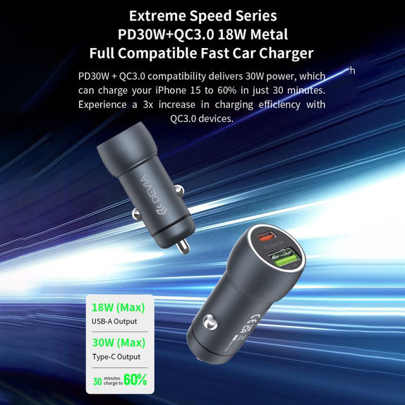 Avtopolnilec Extreme Speed USB-C + USB-A, PD 30W, QC 3.0 18W, siv, Devia