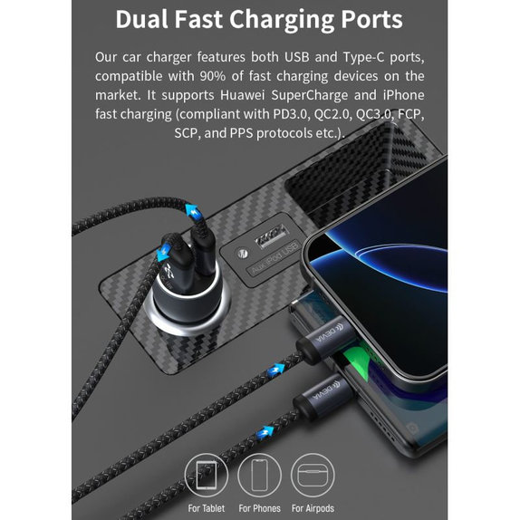 Avtopolnilec Extreme Speed USB-C + USB-A, PD 30W, QC 3.0 18W, siv, Devia