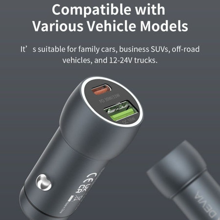 Avtopolnilec Extreme Speed USB-C + USB-A, PD 30W, QC 3.0 18W, siv, Devia