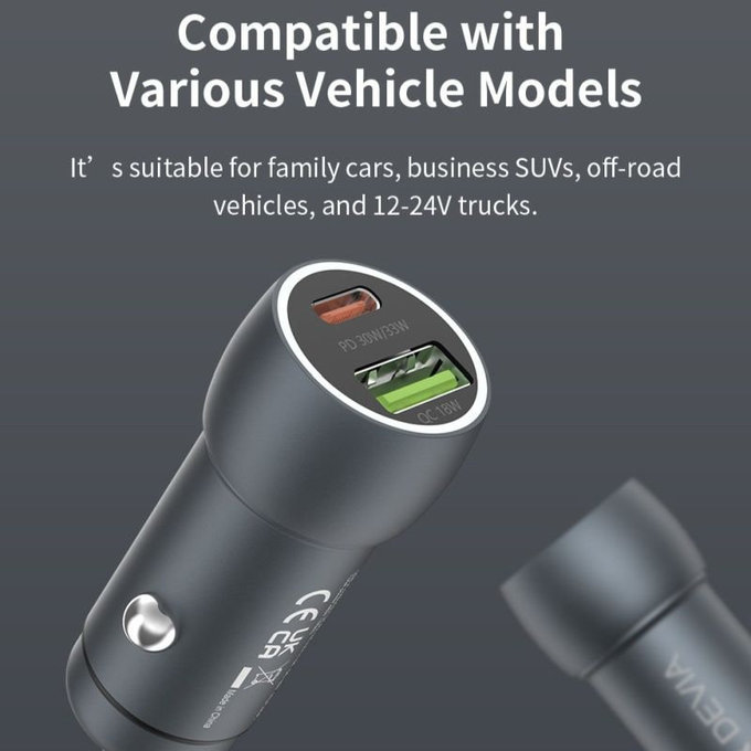 Avtopolnilec Extreme Speed USB-C + USB-A, PD 30W, QC 3.0 18W, siv, Devia