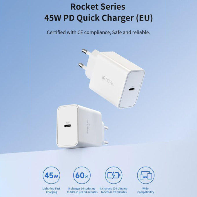 Polnilni adapter Rocket USB-C, PD 45W, bel, Devia