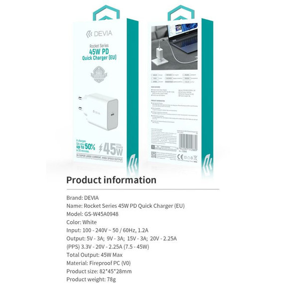 Polnilni adapter Rocket USB-C, PD 45W, bel, Devia