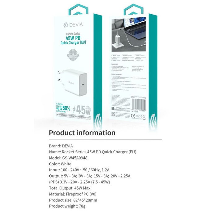 Polnilni adapter Rocket USB-C, PD 45W, bel, Devia