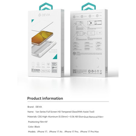Kaljeno steklo FullCover z aplikatorjem za iPhone 17 Pro, Devia