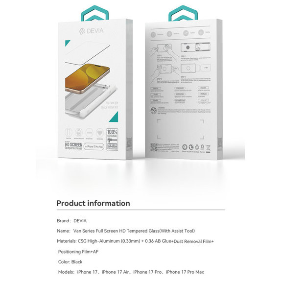 Kaljeno steklo FullCover z aplikatorjem za iPhone 17 Pro Max, Devia
