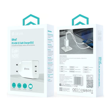 Polnilni adapter Ultra7, 2x USB-C, PD 45W, bel, Devia