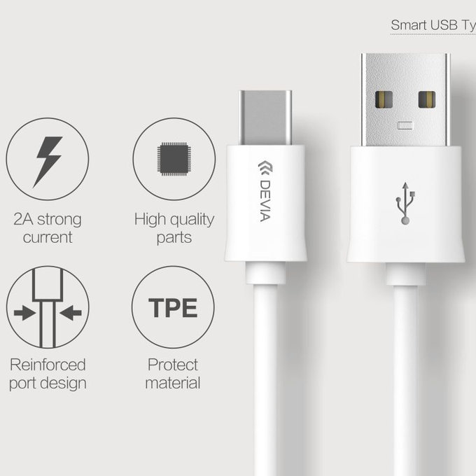 USB / USB-C kabel Smart, 2.1A, 1m, bel, Devia
